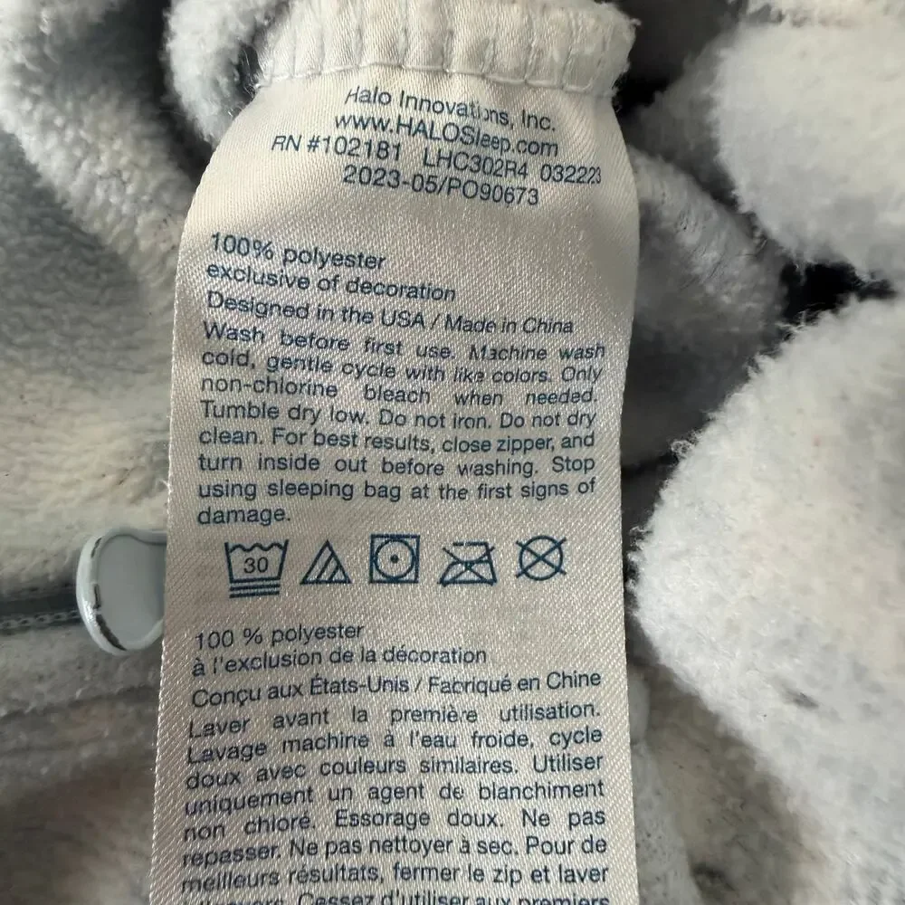 Halo elephant print fleece sleep sack light blue white